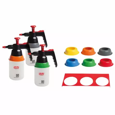 Pumppukannusetti sis. 3 pll + seinäteline 3:lle, värirenkaat ja taulukko - Pumppukannut & liuotinkannut - 23833 - 1